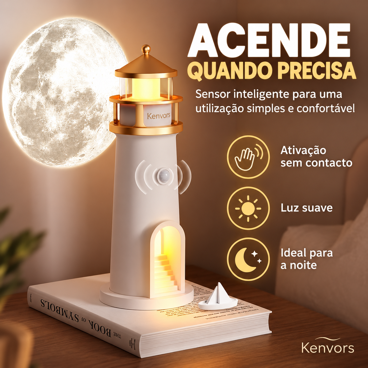 🔥 Kenvors™ — Candeeiro Projetor de Lua em Forma de Farol