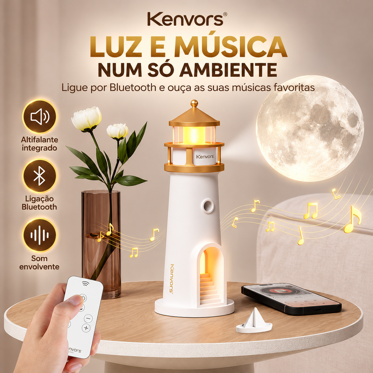 🔥 Kenvors™ — Candeeiro Projetor de Lua em Forma de Farol