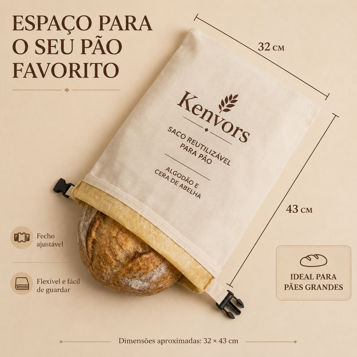 Kenvors – Saco de Conservação para Pão em Algodão e Cera de Abelha
