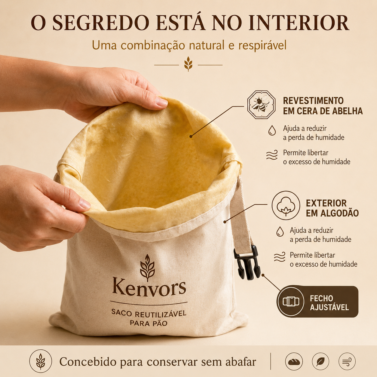 Kenvors – Saco de Conservação para Pão em Algodão e Cera de Abelha