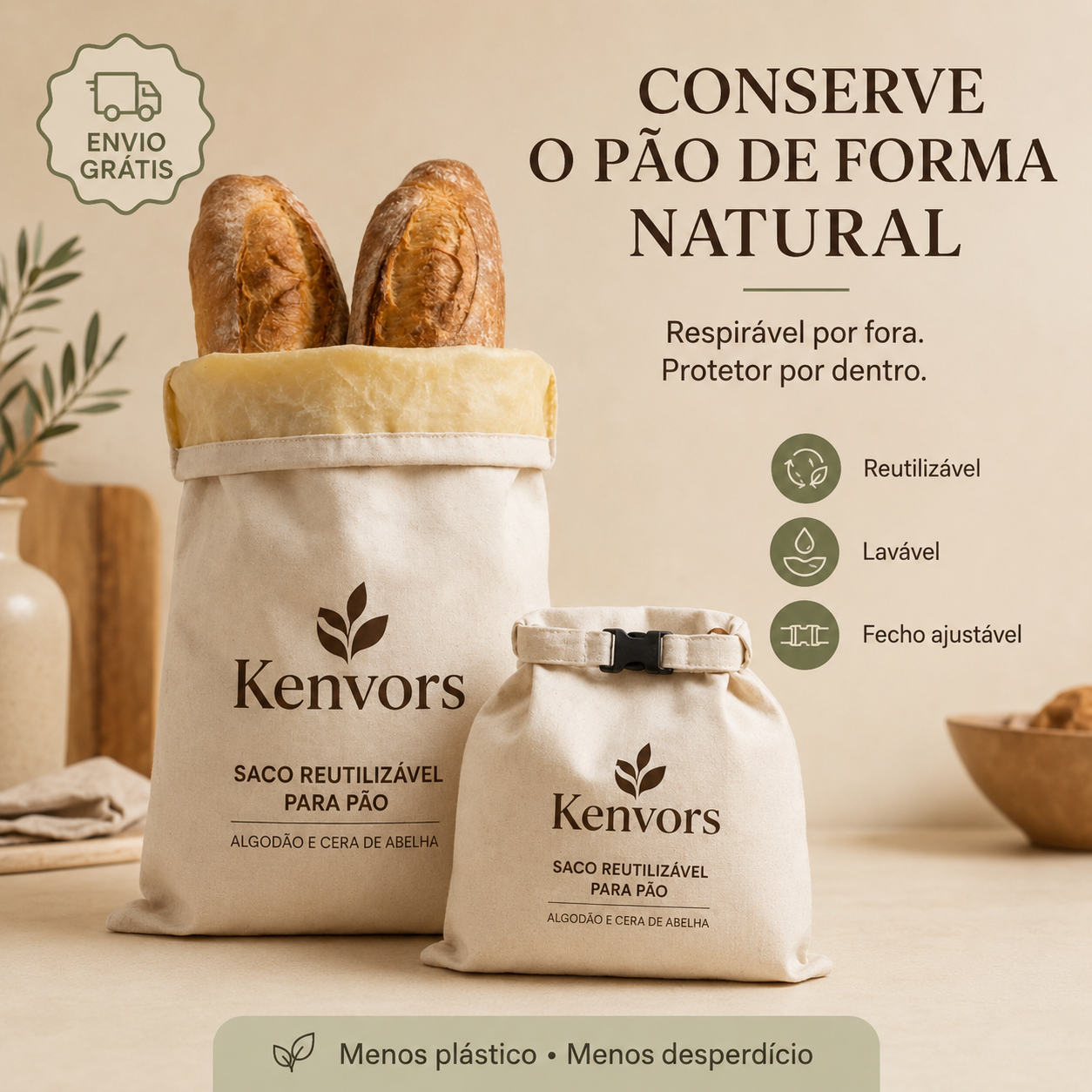 Kenvors – Saco de Conservação para Pão em Algodão e Cera de Abelha