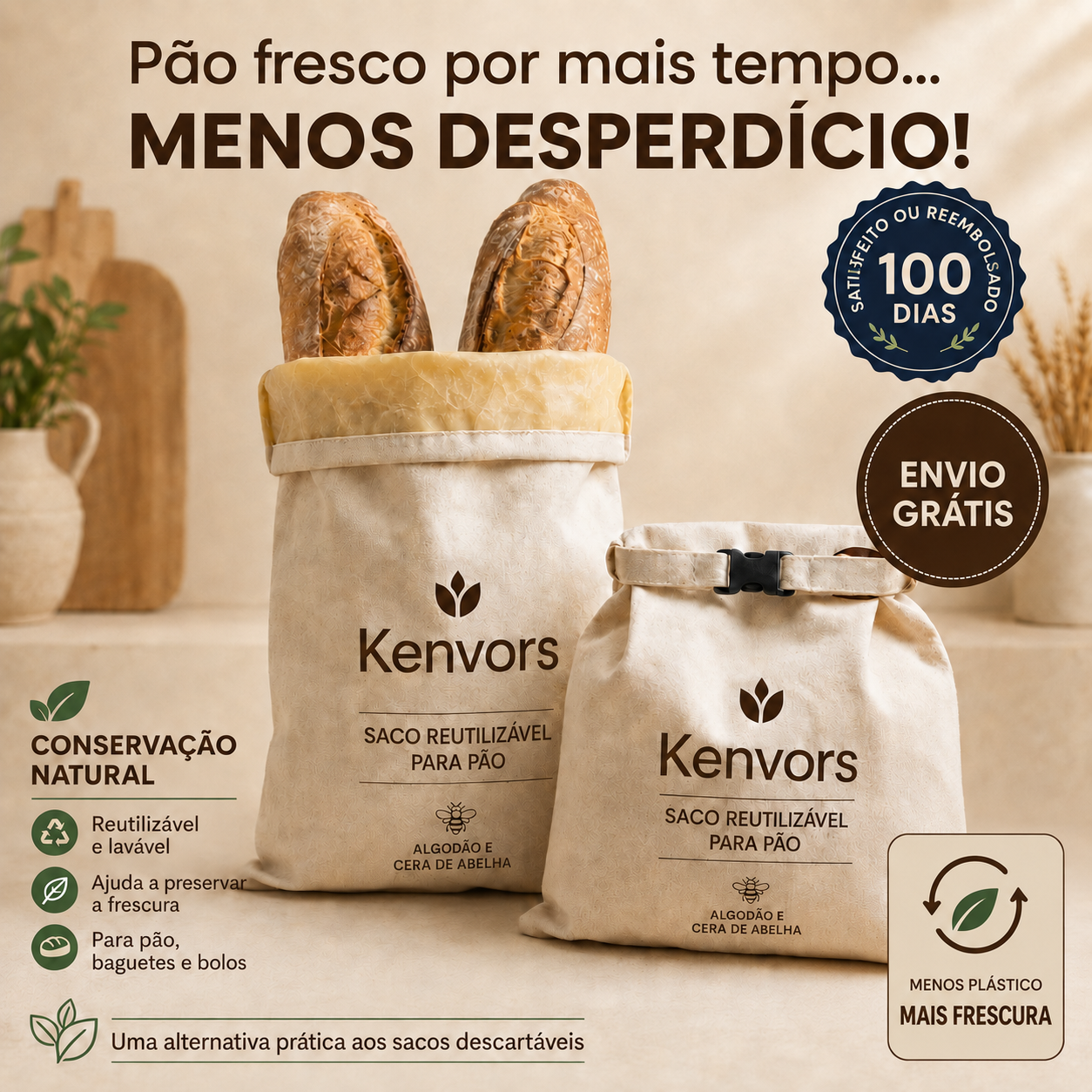 Kenvors – Saco de Conservação para Pão em Algodão e Cera de Abelha
