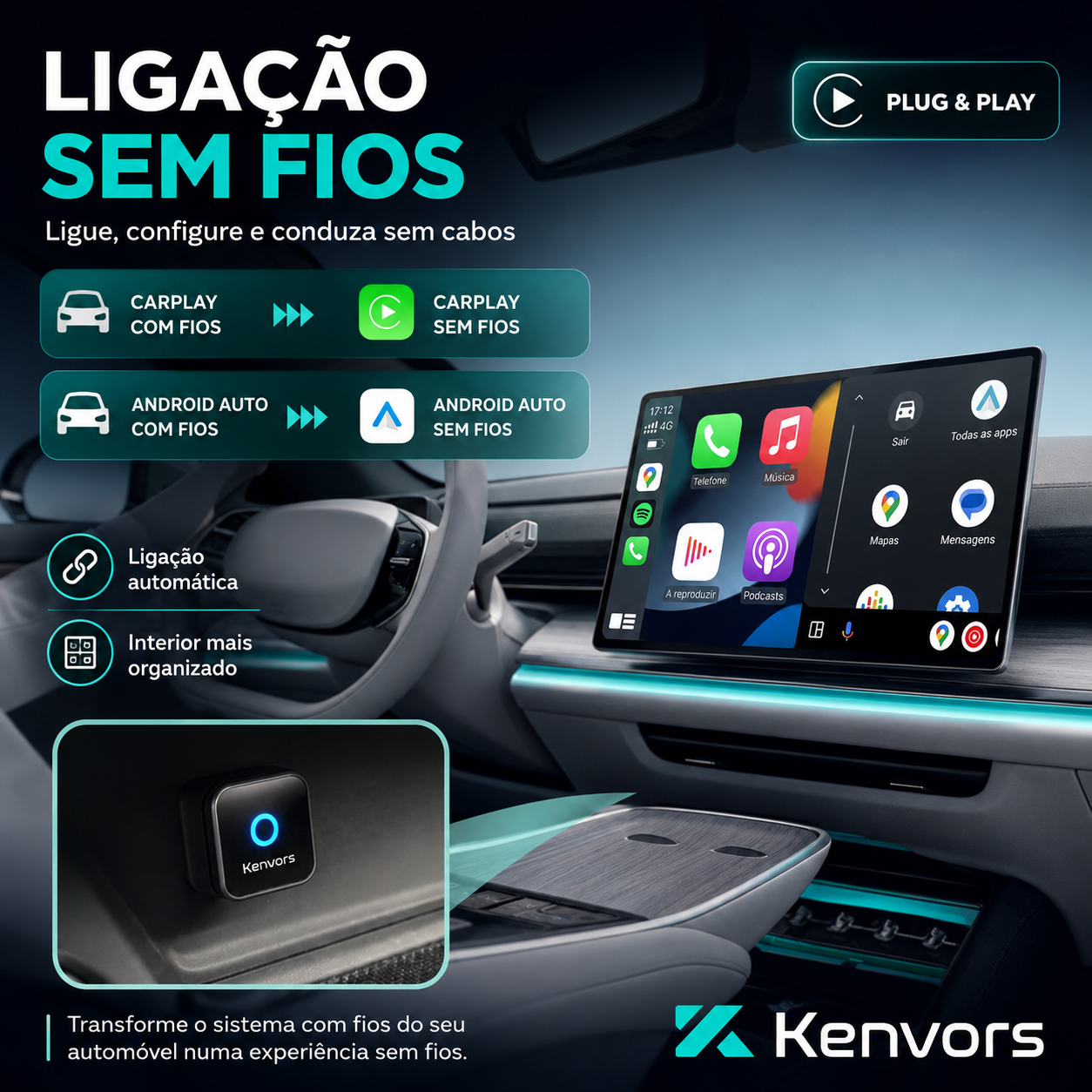 🔥 STOCK LIMITÉ — Kenvors Mini Cube 3.0, Transformez votre CarPlay/Android Auto Filaire en Sans Fil